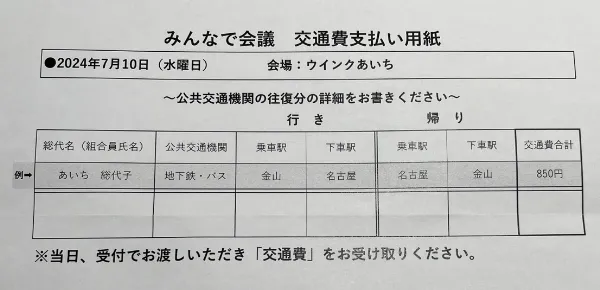 みんなで会議　交通費支払い用紙